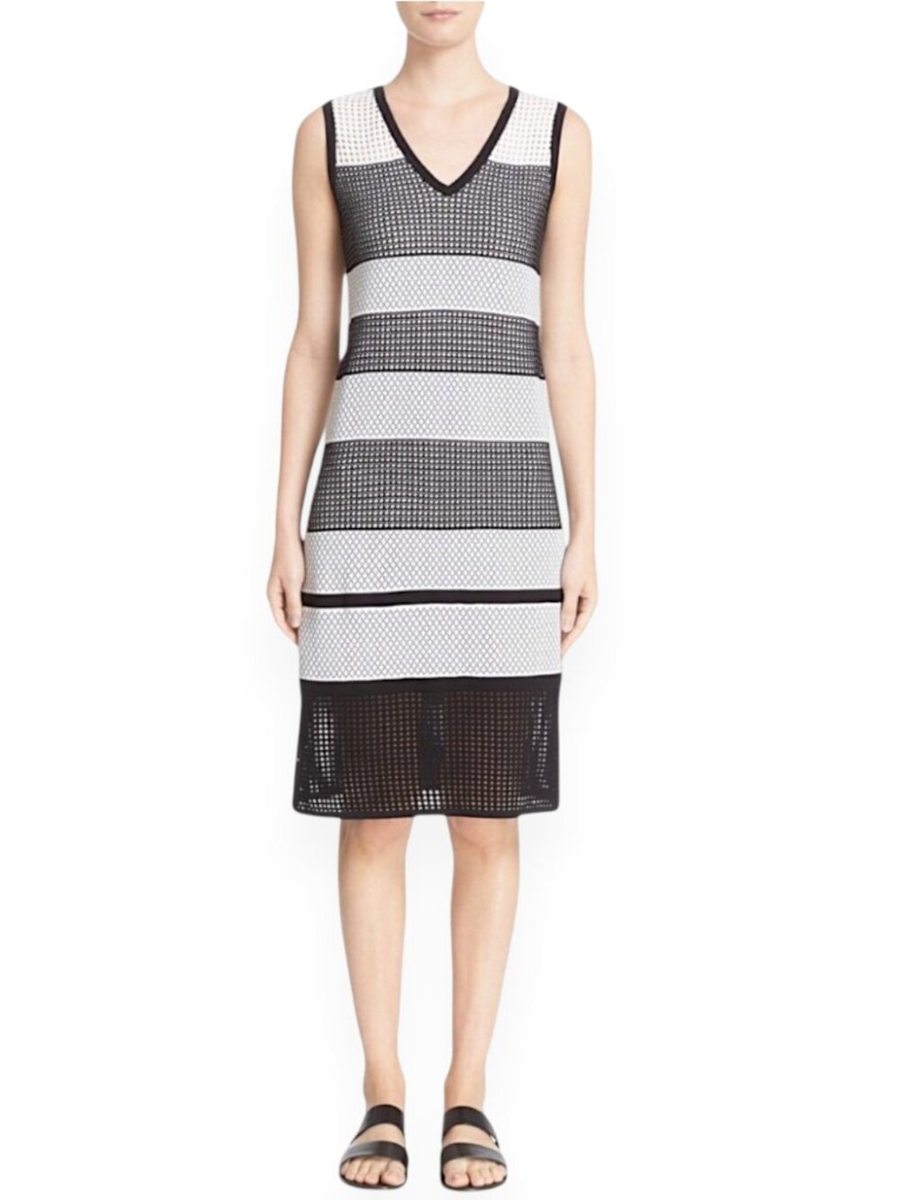 St. John Dress Black and White Pointelle Double Knit Striped Tank Sleeveless L